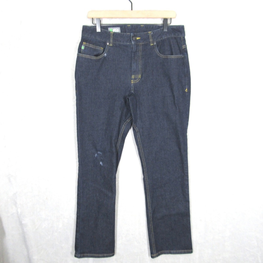 Stio Mens Dark Wash Straight Leg Denim Jeans Blue 33S Gusseted Crotch Distressed